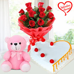 Dozen Red Roses with Teddy Bear n Cake