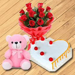 Gorgeous Dutch Red Roses with Teddy Bear and Heart Shaped Cake