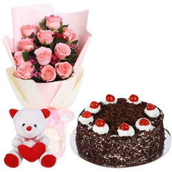 Cute Pink Roses with Cake n Teddy Bear