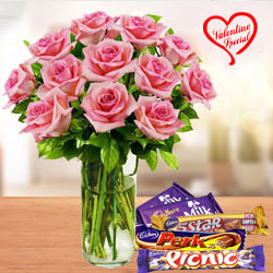 Pink Roses in Vase with Chocolates