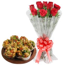 Yummy Shree Mithai Dry Fruit Ladoo N Glorious Red Roses Bunch