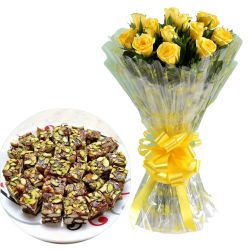 Devilishly-Good Shree Mithai Khajur Pak with Yellow Roses Bouquet