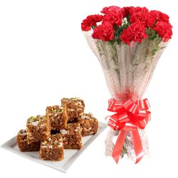 Joyful Dodha Burfi from Ananda Bhawan with Red Carnations Bunch