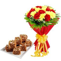 Magical Ananda Bhawan Dodha Burfi with Red N Yellow Carnations Bouquet