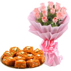 Exquisite Gangotree Sweets and Snacks Moti Pak with Pink Roses Bouquet