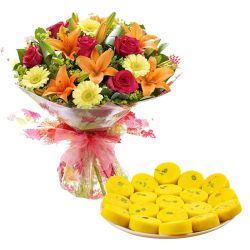 Blissful Gangotree Sweets and Snacks Kesaria Peda with Mixed Flowers Bunch