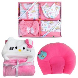 Cute Tripling of Baby Clothing set with Neck Supporting Pillow N Wrapper Blanket