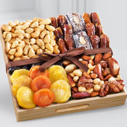 Special Snacks time Dry Fruits in a Wooden Tray to Alwaye
