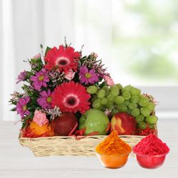 Resplendent colourful Flowers including luscious fresh Fruit basket