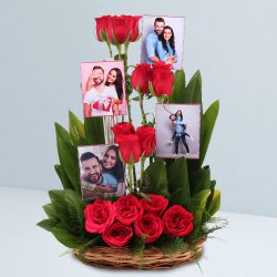 Dazzling Red Roses N Personalized Photos Basket Arrangement to Marmagao