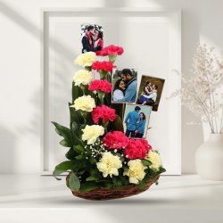 Impressive Basket Arrangement of Mixed Carnations with Personalized Pics to Punalur