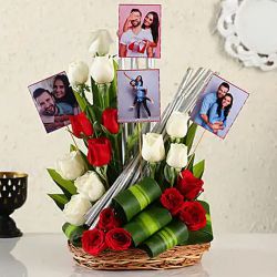 Amazing Choice of Mixed Roses n Personalized Pics Basket to Karunagapally