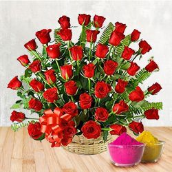 50 Red Roses Arranged in a Basket with Greens and Fillers to show you are there on this auspicious Occasion with free Gulal/Abir Pouch.
