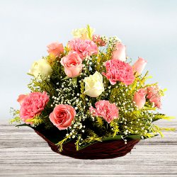 Blooming Pink Roses n Carnations Basket