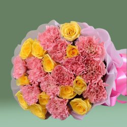 Delightful Yellow Roses N Pink Carnations Bouquet	