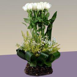 Elegant Tall Arrangement of White Roses in a Basket  	