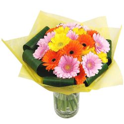 Attractive Tissue Wrapped Mixed Gerberas in Round Glass Vase
