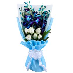 Classic Tissue Wrapped Blue Orchids N White Roses Bouquet