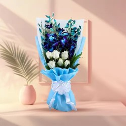 Classic Tissue Wrapped Blue Orchids N White Roses Bouquet