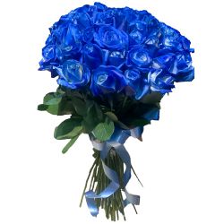 Charming Blue Rose Bouquet with Decorative Blue Ribbon