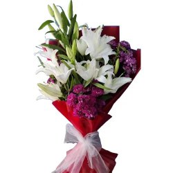 Eternal White Asiatic Lily with Purple Chrysanthemum Tissue Wrapped Bouquet