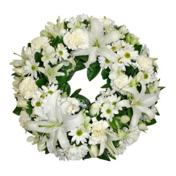 Rest In Peace White Floral Wreath to India