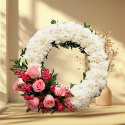 Wreath of White Carnation with Pink Rose to Nipani