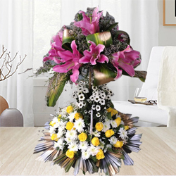 Double Deck Arrangement of Lilies, Roses N Chrysanthemum