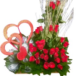 Romantic Arrangement of Red Roses with Triple Heart