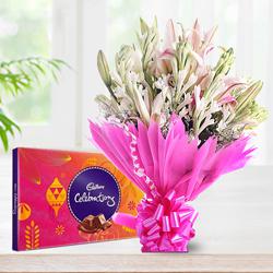 Amusing Lilies N Gladiolus Bouquet with Cadbury Celebration Pack to Alwaye