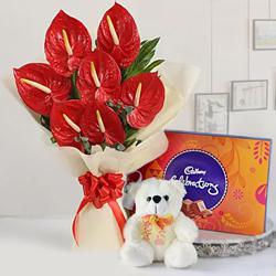 Wonderful Anthodium Bouquet, Chocolates n Teddy Gift Combo