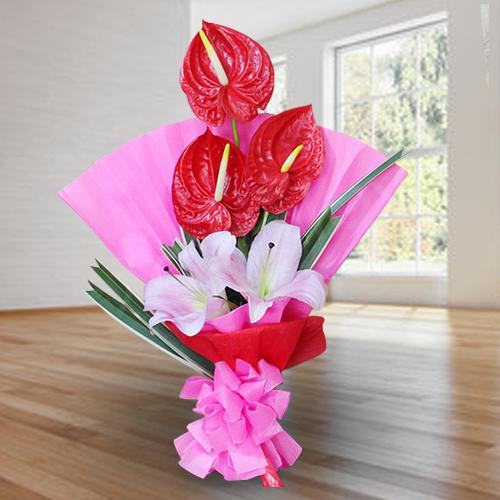 Elegant Bouquet of Red Anthodium n Pink Lilies to Sivaganga