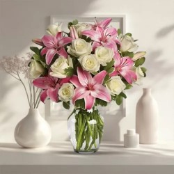 Beautiful Arrangement of Pink Lilies & White Roses in a Glass Vase
 to Uthagamandalam