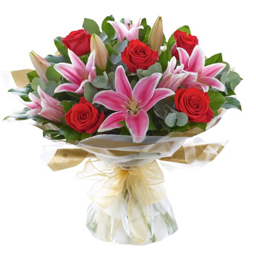 Exquisite Hand Bunch of Pink Lilies & Red Roses
 to Marmagao
