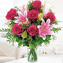 Stylish Arrangement of Pink Lilies N Red Roses in Glass Vase