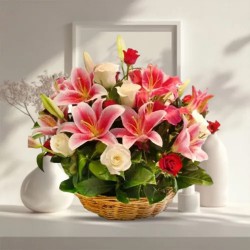 Luminous Pink Lilies N Pink Roses Arrangement