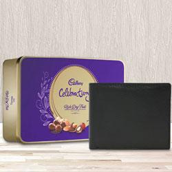 Stylish Black Leather Wallet with a Cadbury Rich Dry Fruits Chocolate to Chittaurgarh