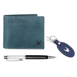 Designer WildHorn Leather Mens Wallet with Keychain N Pen Set