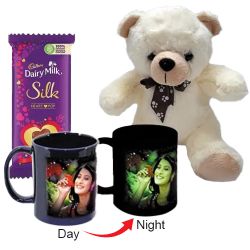 Lovely Personalized Photo Radium Mug with Teddy n Heart Chocolates to Kollam