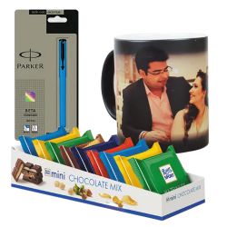 Wonderful Personalized Photo Magic Mug N Parker Pen with Mini Chocolates to Hariyana