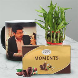 Personalized Photo Magic Mug with Ferrero Rocher n Lucky Bamboo to Irinjalakuda