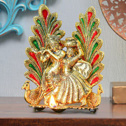 Eye-Catching Peacock Design Radha Krishna Statue with Diya to Aligarh