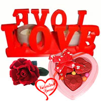 Love Candle Stand Gift with 2 Candles with a 3 pcs Heart Shaped Hand Made Chocolate & a Free Velvet Rose