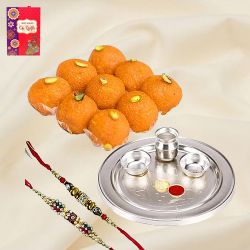 Bounty-to-Captivate Silver Plated Thali with Haldiram Ghee Ladoo & 2 Designer Rakhi and Roli Tilak Chawal