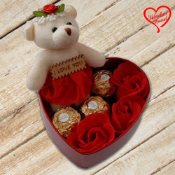 Splendid Heart Shape Box of Teddy, Roses and Ferrero Rocher