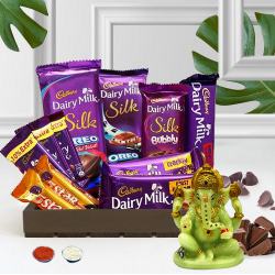 Tasty Cadbury Arrangements for Bhai Dooj with Glowing Ganesha N Roil Chawal