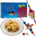 Pretty Rakhi with Cadbury Roses N Soan Papdi to Rakhi-to-newzealand.asp