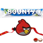 Modish Angry Bird Kid Rakhi With Bounty Chocolate to Rakhi-to-newzealand.asp