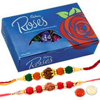 2 Rakhis with Cadbury Roses Chocolates box to Rakhi-to-newzealand.asp