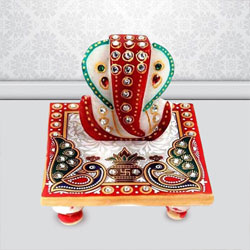 Pious Marble Ganesh Chowki with Peacock Design to Hariyana